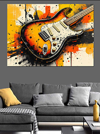 Boya Patlamalı Elektro Gitar Dekoratif Kanvas - Mdf Ahşap Tablo