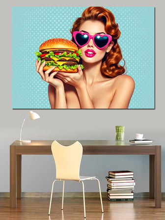 Hamburger Tutan Retro Kadın Dekoratif Kanvas - Mdf Ahşap Tablo