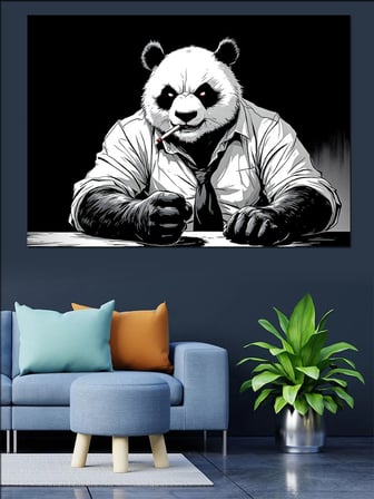 Ceketli Panda Portre Çizimi Dekoratif Kanvas - Mdf Ahşap Tablo