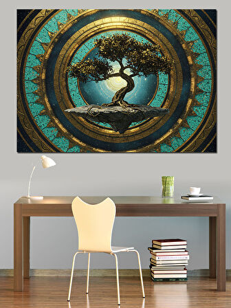 Altın Çerçevede Hayat Ağacı Dekoratif Kanvas - Mdf Ahşap Tablo