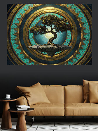 Altın Çerçevede Hayat Ağacı Dekoratif Kanvas - Mdf Ahşap Tablo