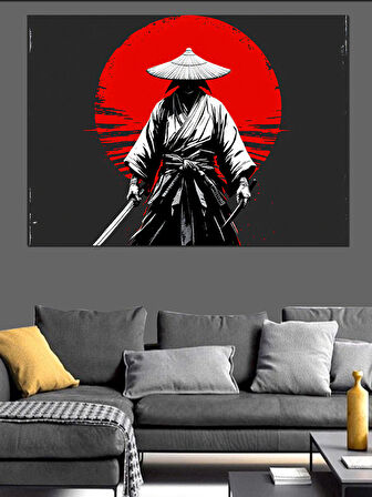 Kırmızı Güneşli Samuray Silüeti Dekoratif Kanvas - Mdf Ahşap Tablo
