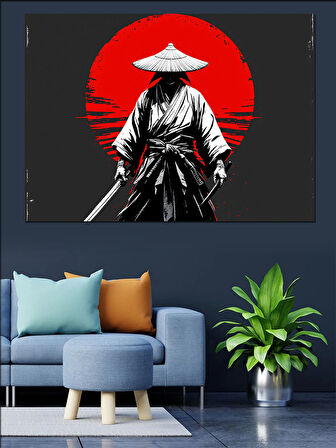 Kırmızı Güneşli Samuray Silüeti Dekoratif Kanvas - Mdf Ahşap Tablo