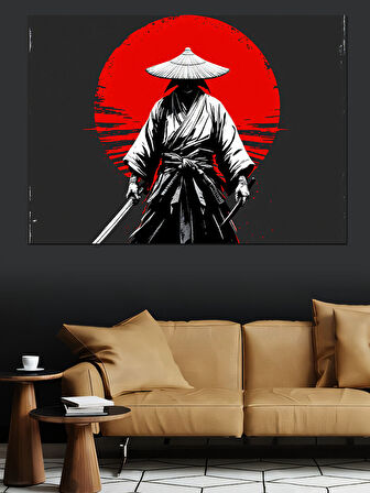 Kırmızı Güneşli Samuray Silüeti Dekoratif Kanvas - Mdf Ahşap Tablo