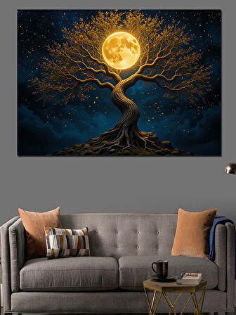 Altın Işıklı Hayat Ağacı Dekoratif Kanvas - Mdf Ahşap Tablo