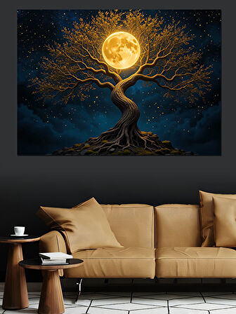 Altın Işıklı Hayat Ağacı Dekoratif Kanvas - Mdf Ahşap Tablo