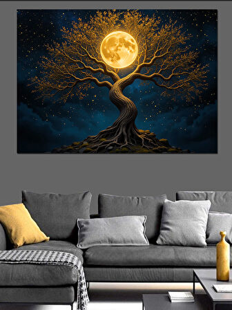 Altın Işıklı Hayat Ağacı Dekoratif Kanvas - Mdf Ahşap Tablo
