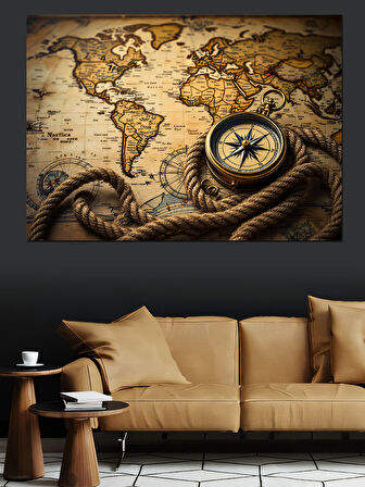 Pusulalı Antik Dünya Haritası Dekoratif Kanvas - Mdf Ahşap Tablo
