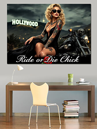 Motosikletli Kadın Deri Ceket Dekoratif Kanvas - Mdf Ahşap Tablo