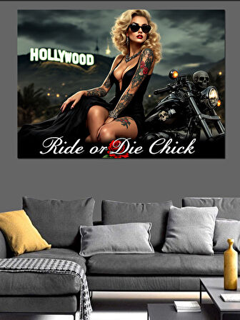 Motosikletli Kadın Deri Ceket Dekoratif Kanvas - Mdf Ahşap Tablo
