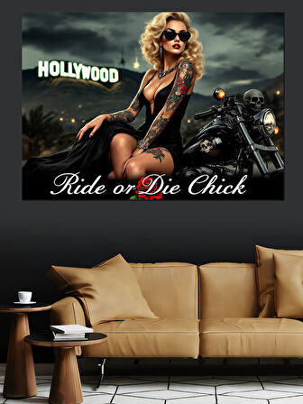 Motosikletli Kadın Deri Ceket Dekoratif Kanvas - Mdf Ahşap Tablo