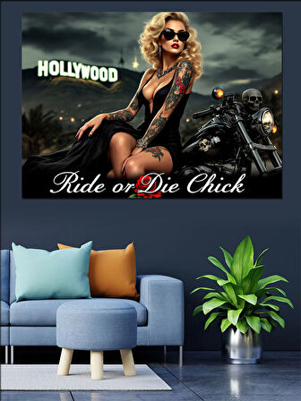Motosikletli Kadın Deri Ceket Dekoratif Kanvas - Mdf Ahşap Tablo