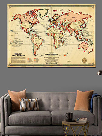 Retro Dünya Harita Çizimi Dekoratif Kanvas - Mdf Ahşap Tablo