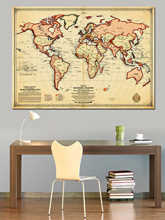 Retro Dünya Harita Çizimi Dekoratif Kanvas - Mdf Ahşap Tablo