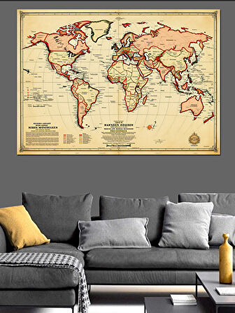 Retro Dünya Harita Çizimi Dekoratif Kanvas - Mdf Ahşap Tablo