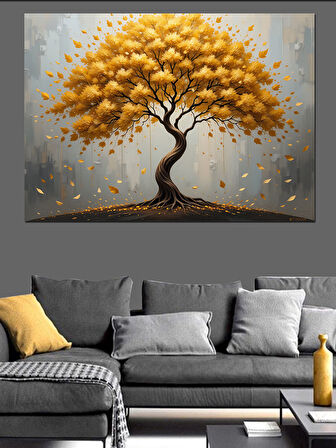 Altın Sarı Hayat Ağacı Dekoratif Kanvas - Mdf Ahşap Tablo