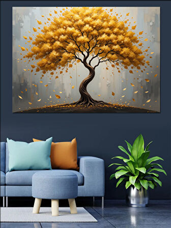 Altın Sarı Hayat Ağacı Dekoratif Kanvas - Mdf Ahşap Tablo