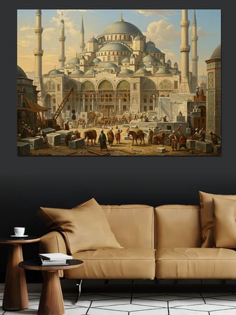 Mavi Cami İnşaatı Osmanlı Dekoratif Kanvas - Mdf Ahşap Tablo