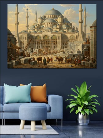 Mavi Cami İnşaatı Osmanlı Dekoratif Kanvas - Mdf Ahşap Tablo