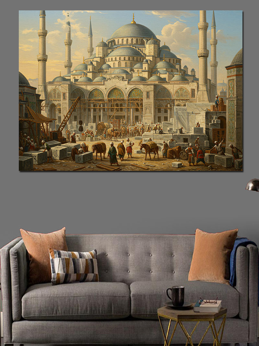 Mavi Cami İnşaatı Osmanlı Dekoratif Kanvas - Mdf Ahşap Tablo