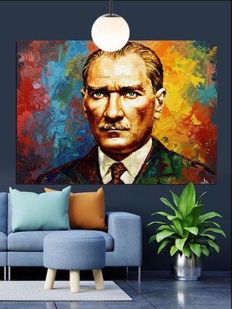Renkli Fırça Darbeli Atatürk Dekoratif Kanvas - Mdf Ahşap Tablo