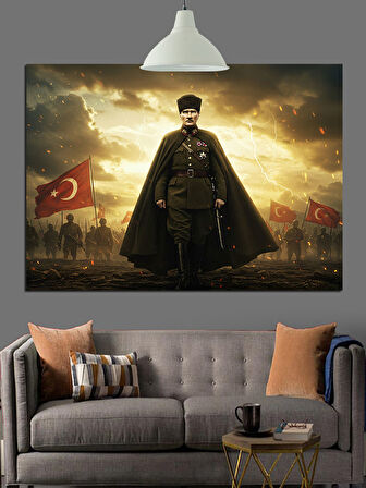 Bayraklar Önünde Askeri Atatürk Dekoratif Kanvas - Mdf Ahşap Tablo