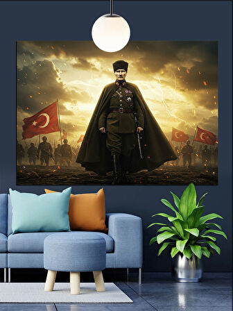 Bayraklar Önünde Askeri Atatürk Dekoratif Kanvas - Mdf Ahşap Tablo
