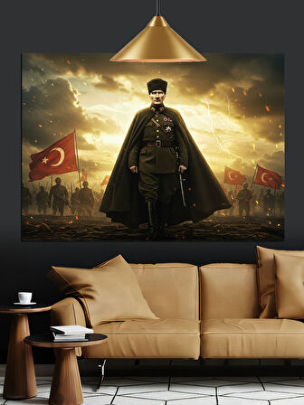 Bayraklar Önünde Askeri Atatürk Dekoratif Kanvas - Mdf Ahşap Tablo