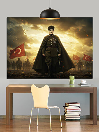 Bayraklar Önünde Askeri Atatürk Dekoratif Kanvas - Mdf Ahşap Tablo