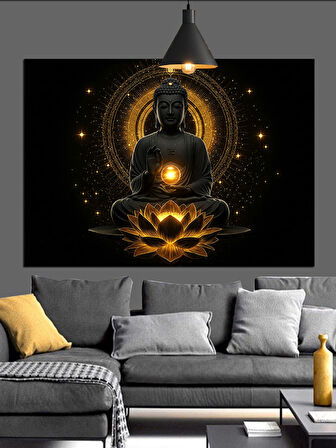 Altın Işıklı Meditasyon Buda Dekoratif Kanvas - Mdf Ahşap Tablo