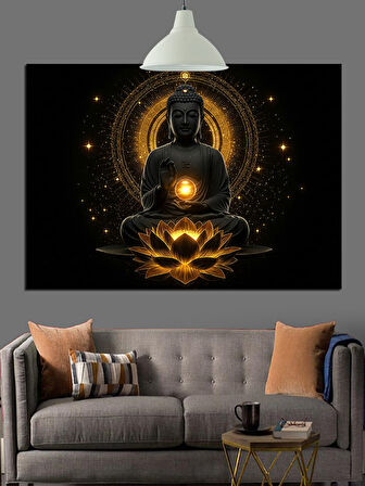 Altın Işıklı Meditasyon Buda Dekoratif Kanvas - Mdf Ahşap Tablo