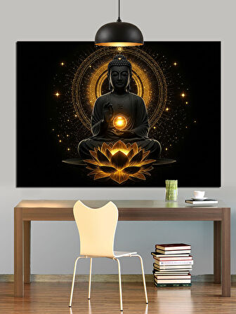 Altın Işıklı Meditasyon Buda Dekoratif Kanvas - Mdf Ahşap Tablo