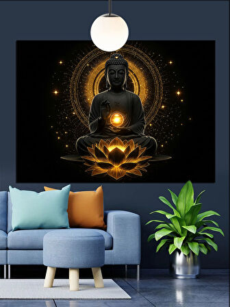 Altın Işıklı Meditasyon Buda Dekoratif Kanvas - Mdf Ahşap Tablo