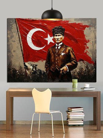 Türk Bayrağı Önünde Atatürk Dekoratif Kanvas - Mdf Ahşap Tablo