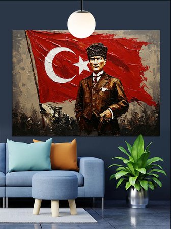 Türk Bayrağı Önünde Atatürk Dekoratif Kanvas - Mdf Ahşap Tablo