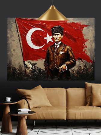 Türk Bayrağı Önünde Atatürk Dekoratif Kanvas - Mdf Ahşap Tablo