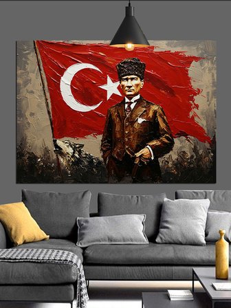 Türk Bayrağı Önünde Atatürk Dekoratif Kanvas - Mdf Ahşap Tablo