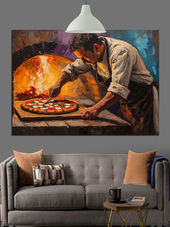 Fırında Pizza Yapan Adam Dekoratif Kanvas - Mdf Ahşap Tablo
