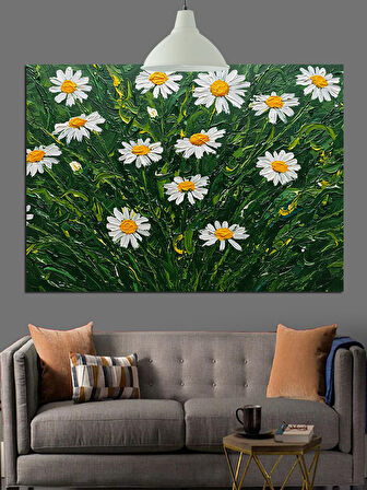 Yeşil Tarlada Papatyalar Dekoratif Kanvas - Mdf Ahşap Tablo