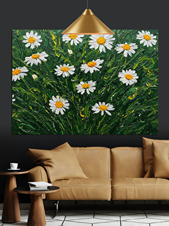 Yeşil Tarlada Papatyalar Dekoratif Kanvas - Mdf Ahşap Tablo