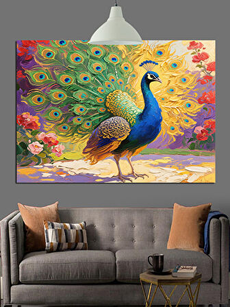 Renkli Kuyruklu Tavus Kuşu Dekoratif Kanvas - Mdf Ahşap Tablo