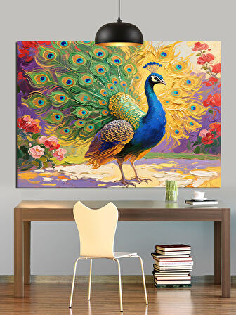 Renkli Kuyruklu Tavus Kuşu Dekoratif Kanvas - Mdf Ahşap Tablo