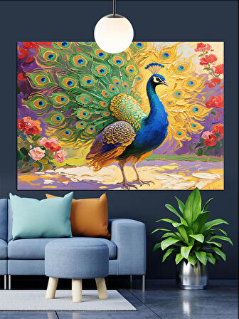 Renkli Kuyruklu Tavus Kuşu Dekoratif Kanvas - Mdf Ahşap Tablo