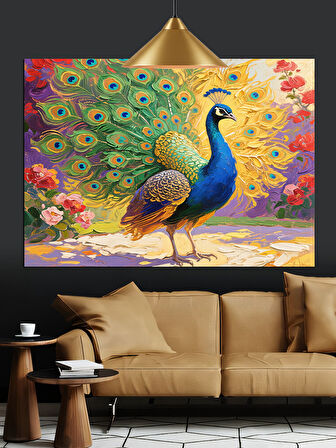 Renkli Kuyruklu Tavus Kuşu Dekoratif Kanvas - Mdf Ahşap Tablo