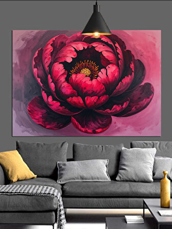 Koyu Fon Üzerinde Kırmızı Çiçek Dekoratif Kanvas - Mdf Ahşap Tablo