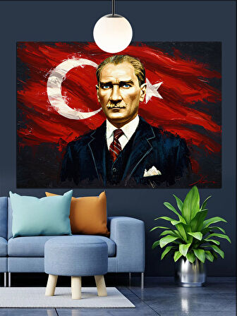 Türk Bayrağı Önünde Atatürk Portresi Dekoratif Kanvas - Mdf Ahşap Tablo