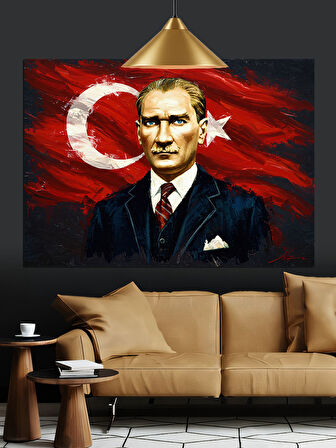 Türk Bayrağı Önünde Atatürk Portresi Dekoratif Kanvas - Mdf Ahşap Tablo