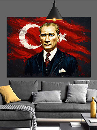Türk Bayrağı Önünde Atatürk Portresi Dekoratif Kanvas - Mdf Ahşap Tablo