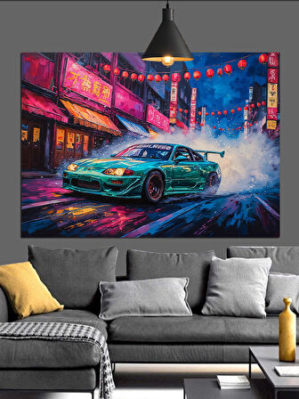 Neon Işıklar Altında Spor Araba Dekoratif Kanvas - Mdf Ahşap Tablo