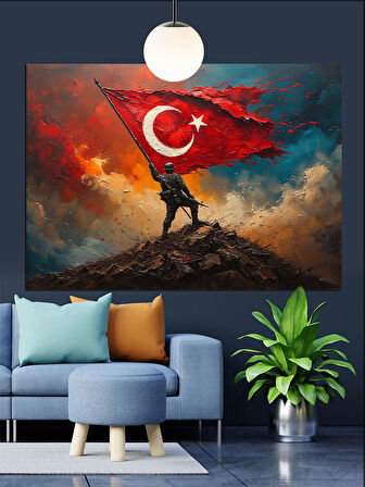 Bayrak Tutan Asker Silüeti Dekoratif Kanvas - Mdf Ahşap Tablo